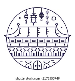 Asian temple palace circle icon or emblem in line art style inspired by Forbidden City China famous landmark of Bejing.