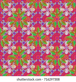 In asian textile style. Colour Spring Theme seamless pattern Background. Seamless flowers pattern. Flat Flower Elements Design. Flowers on magenta, neutral and red colors. Vector illustration.