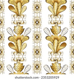In asian textile style. Flat Flower Elements Design. Vector illustration. Seamless flowers pattern. Colour Spring Theme seamless pattern Background. Flowers on white, beige and brown colors.