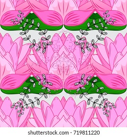 In asian textile style. Flat Flower Elements Design. Vector illustration. Seamless flowers pattern. Colour Spring Theme seamless pattern Background. Flowers on pink, neutral and gray colors.
