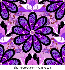 In asian textile style on black, neutral and violet background. Floral seamless pattern with watercolor flowers. Vector illustration.