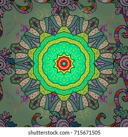 In asian textile style on neutral, green background. Seamless flowers pattern. Vector illustration.