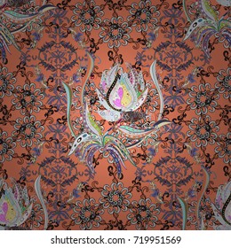 In asian textile style on orange, black and neutral colors. Seamless flowers pattern. Vector illustration.