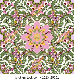 In asian textile style on pink, green and neutral colors. Seamless flowers pattern. Vector illustration.