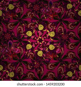 In asian textile style on red, black and purple colors. Seamless flowers pattern. Vector illustration.