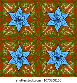 In asian textile style. Vector illustration. Flowers on orange, green, blue, brown and gray colors. Seamless flowers pattern. Vector illustration.