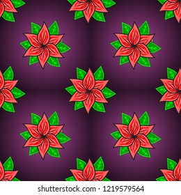 In asian textile style. Vector illustration. Seamless flowers pattern. Vector illustration. Flowers on purple, pink and green colors.