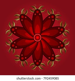 In asian textile style. Vector illustration. Vector illustration. Seamless flowers pattern. Flowers on red, brown and yellow colors.