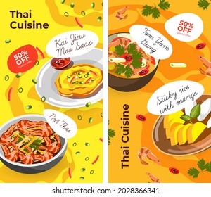 Asian Thai cuisine, traditional dishes served in plates. Sticky rice with mango, tom yum gum and soup in menu of cafe, restaurant or diner. Seafood and vegetables recipes. Vector in flat style