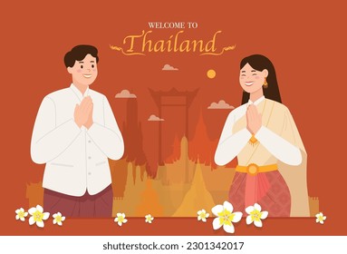 Asian Thai people wearing a traditional dresses made a hello gesture calls Sawasdee or Was with a smiley face. Thai culture is friendly greeting. famous place background