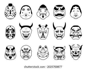 Asian theatrical mask. Japanese cultural art objects for face masked fox wolf samurai and beauty woman recent vector asian symbols