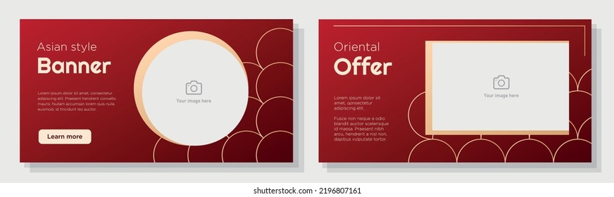 Asian theme banner template set, Chinese style business offer advertisement sign, red color horizontal ad, oriental store sale content marketing post, creative brochure, isolated on background