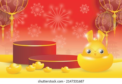 Asian theme product display podium with gold rabbit bunny 3d illustration background Podium round stage podium and paper art Chinese New Year 2023, year of the rabbit zodiac red and golden