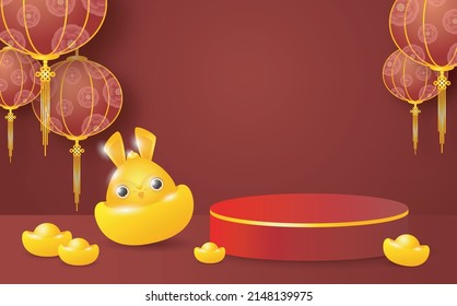 Escenario de productos de temática asiática podio con conejo dorado 3d ilustración fondo Podium round stage podium y papel arte Año Nuevo chino 2023, año del conejo zodiaco rojo y dorado