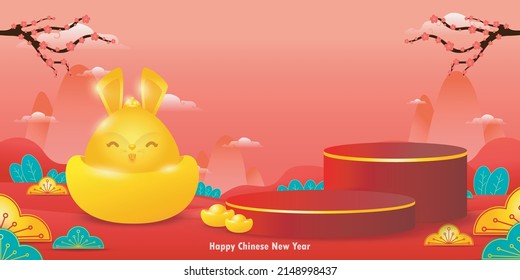 Asian theme product display podium with gold rabbit bunny 3d illustration background Podium round stage podium and paper art Chinese New Year 2023, year of the rabbit zodiac red and golden