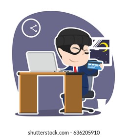 asian thief businessman hacking company account bank using laptop