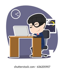 asian thief businessman hacking using laptop