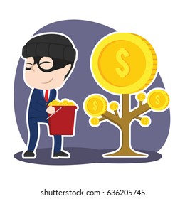 asian thief businessman harvesting coins from someone else coin tree