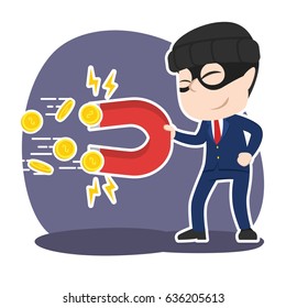 asian thief businessman stealing coins with magnet