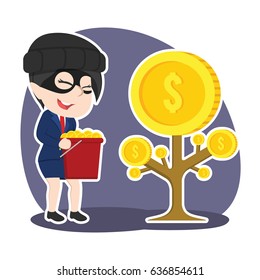 asian thief businesswoman harvesting coins from someone else coin tree