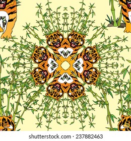 Asian tiger and bamboo plants jungle kaleidoscopic seamless pattern vector illustration