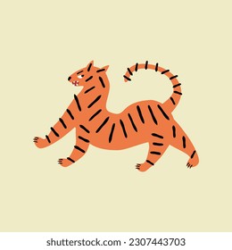 Asian tiger hand drawn vector illustration. Isolated mythology cat in flat style for kids poster or logo.