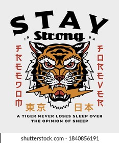 Asian Tiger Head with Lightning Illustration and Tokyo Japan Words in Japanese Letters Vector Artwork on Black Background