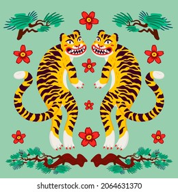 Asian Tiger symmetrical composition, vector tigers, and japanese pine branches and flowers in cartoon asian style. Organic flat style vector illustration.