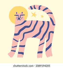 Tigre asiático animal salvaje caricatura infantil boho ilustración ingenuo estilo dibujado a mano vector