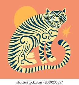 Asian tiger wild animal childish cartoon boho illustration naive funky handdrawn style art vector