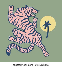 Asian tiger wild animal childish cartoon groovy boho illustration naive funky handdrawn style art vector