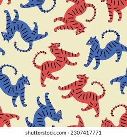 Asian tigers hand drawn vector illustration. Funny colorful animal seamless pattern for kids fabric or wallpaper.