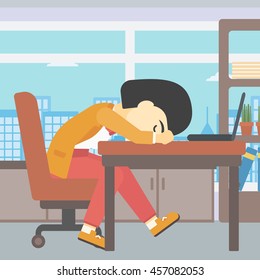 An asian  tired business woman sleeping on laptop keyboard in the office. Young business woman resting at workplace. Vector flat design illustration. Square layout.