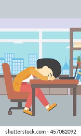 An asian  tired business woman sleeping on laptop keyboard in the office. Young business woman resting at workplace. Vector flat design illustration. Vertical layout.