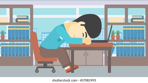 An asian  tired businessman sleeping on laptop keyboard in the office. Businessman resting at workplace. Vector flat design illustration. Horizontal layout.