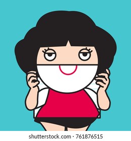 Asian Tired Exhausted Girl Holding Paper Hiding Her Mouth Behind Fake Drawn Smile Concept Card Character illustration