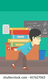 An asian tired student carrying a heavy pile of books on his back. Student with pile of books in the classroom. Student with many books. Vector flat design illustration. Vertical layout.