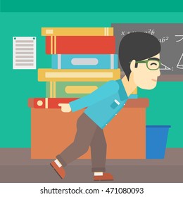 An asian tired student carrying a heavy pile of books on his back. Student with pile of books in the classroom. Student with many books. Vector flat design illustration. Square layout.