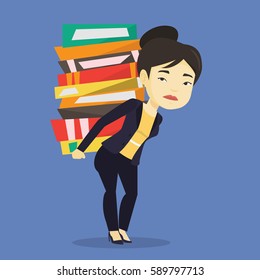 Asian tired student carrying a heavy pile of books on her back. Sad student walking with huge stack of books. Student preparing for exam with books. Vector flat design illustration. Square layout.