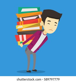 Asian tired student carrying a heavy pile of books on his back. Sad student walking with huge stack of books. Student preparing for exam with books. Vector flat design illustration. Square layout.