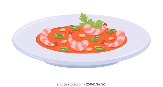 Asian tom yam soup. Delicious Japanese cuisine dish, traditional food, seafood plate with shrimps flat vector illustration. Cartoon tasty asian dish