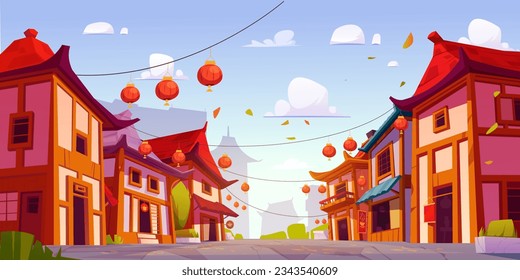 Asian town street with buildings along road. Vector cartoon illustration of old Chinese buildings, shops, cafe, traditional restaurants decorated with red paper lanterns, white clouds in blue sky