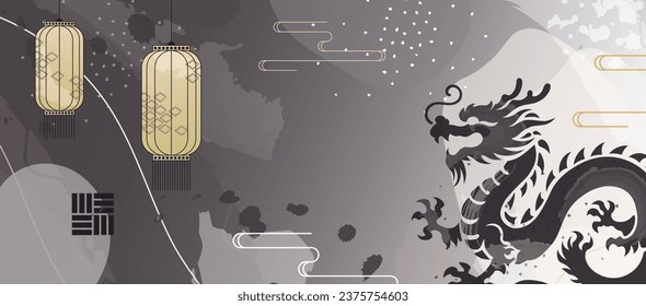 Asian Traditional Background with Oriental Dragon and Lanterns. Chinese New Year Design with Modern Abstract Patterns and Minimalistic Element.