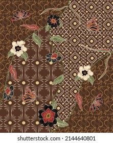 Asian traditional batik, abstract pattern of Indonesian butterflies and flowers.