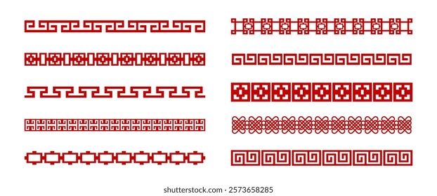 Asian traditional Borders vector design, Red Chinese New year decorations, Chinese ornaments Clip art on White Background, Editable stock