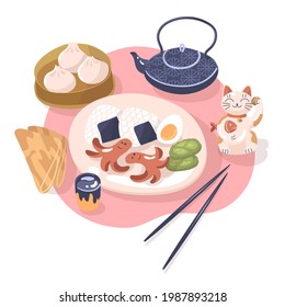 Asian traditional breakfast. Plate with onigiri, egg, sausage octopus, cucumber. Baozi, Lucky Cat Maneki Neko, chopsticks, teapot. Isolated on white background. Flat style. Clip art for menu design.