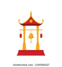 Asian Traditional Building with Bell and Red Lanterns, Cultural Asian Architecture Object, Bonsho Travel Destination Landmark, Ancient Chinese, Japanese Buddhism Temple Cartoon Vector Illustration