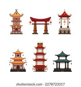 Asian traditional buildings set. Ancient temple, pagoda or shrine. Chinese ancient architecture cartoon vector illustration