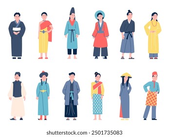 Asian traditional characters. Male female from asia wearing national costumes and dresses. Chinese japanese korean vietnamese people, recent vector set