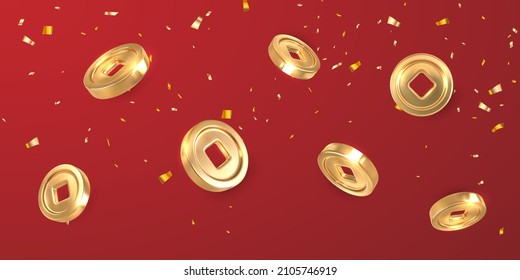 Monedas asiáticas tradicionales con confeti volando sobre fondo rojo. Moneda de oro china con agujero cuadrado. Ilustración vectorial.